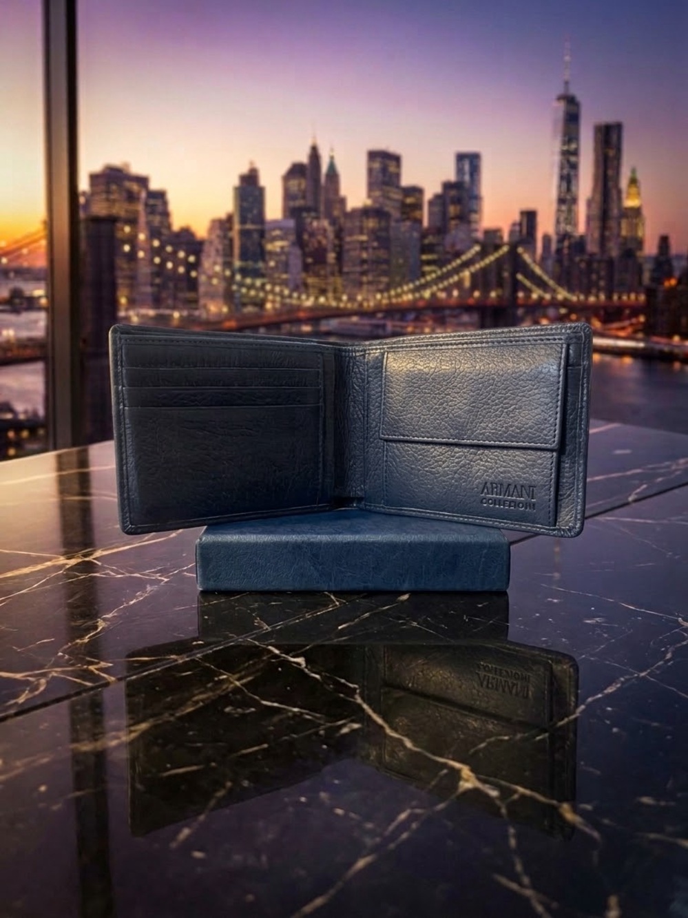 Authentic Armani Collezioni Men's Midnight Blue Grained Leather Bi-Fold Wallet - Picture 3 of 5